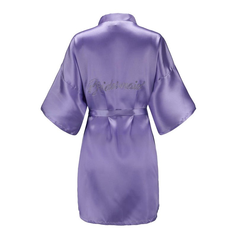 EPLAZA Women's One Size Silver Rhinestones Bride Bridesmaid Short Satin Robes for Wedding Party Getting Ready (Light Purple, Bridesmaid) - Image 1